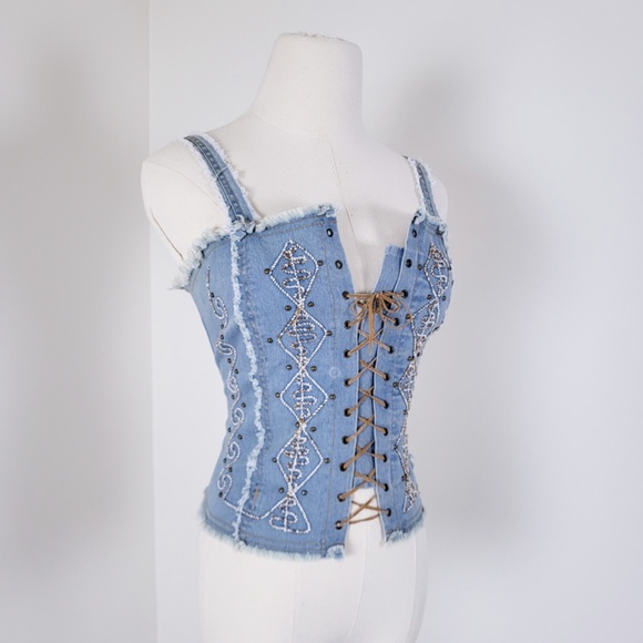 Vintage denim lace-up cropped camisole tank top denim embroidered embroidery - Picture 2 of 13